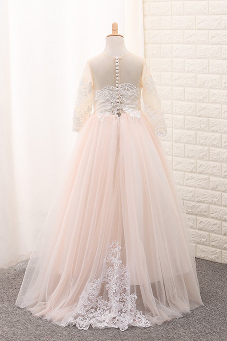 Scoop Flower Girl Dresses Ball Gown Long Sleeves Tulle With Aplique