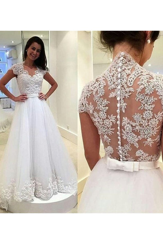 2024 A Line V Neck Wedding Dresses Tulle With Applique And Sash Sweep Train