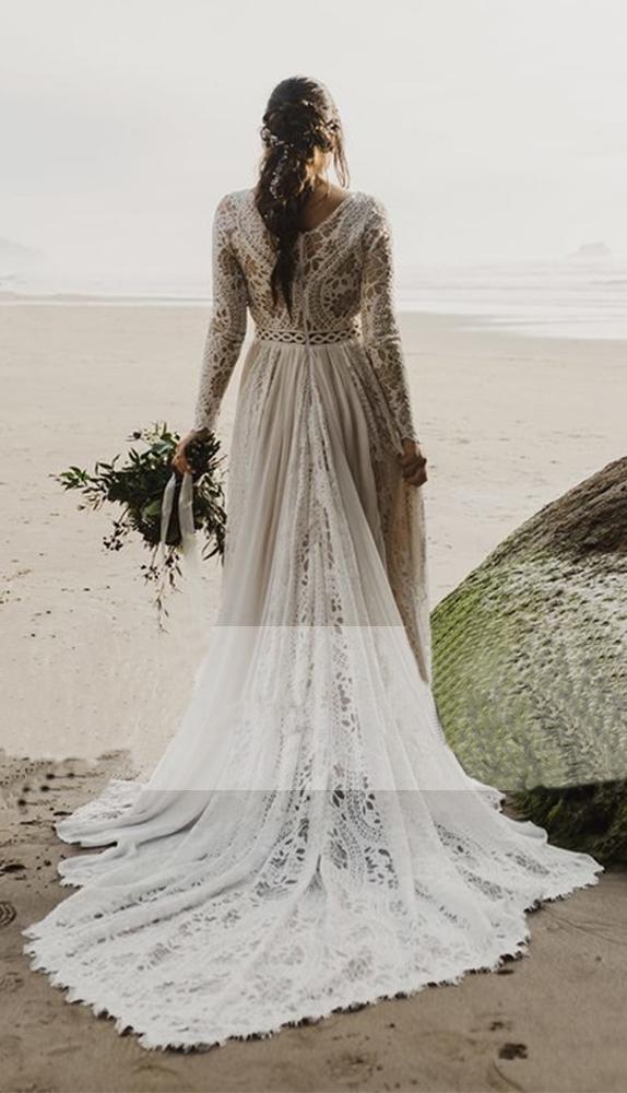 Charming A Line Long Sleeves V Neck Lace Ivory Beach Wedding Dresses, Bridal SRS20395