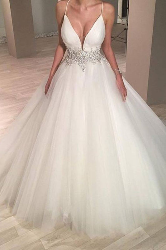 2024 Stylish Wedding Dress Spaghetti Straps A-Line Tulle With Beaded Waistline