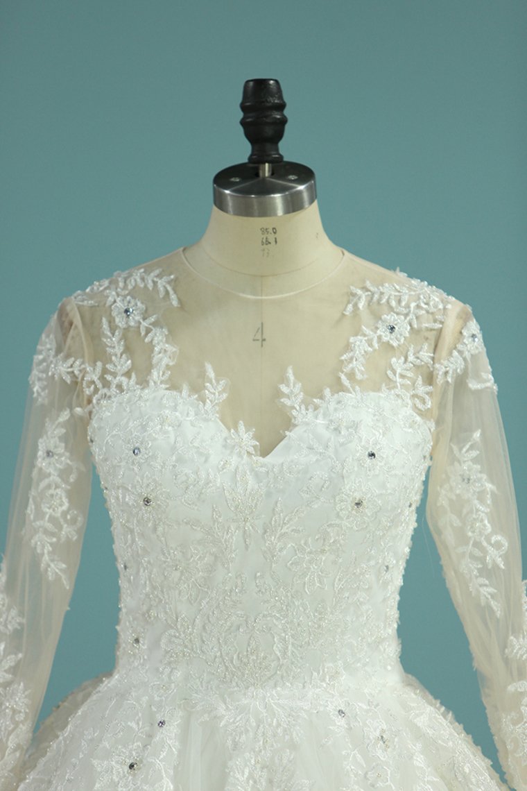 Wedding Dresses Scoop Long Sleeves A Line Tulle With Applique And Beads