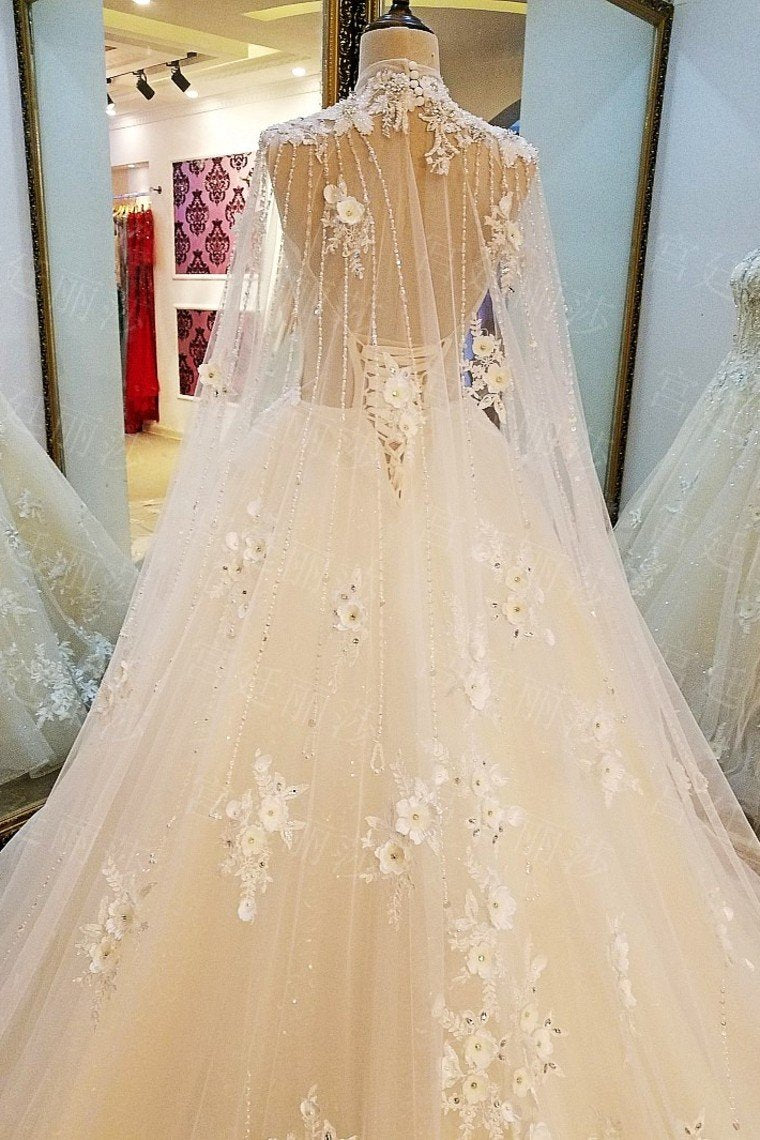 High Neck Wedding Dresses A Line With Beading Appliques Court Train Tulle Lace Up