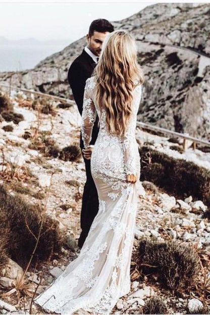 Long Sleeve Round Neck Lace Applique Wedding Dresses Vintage Mermaid Wedding Dress