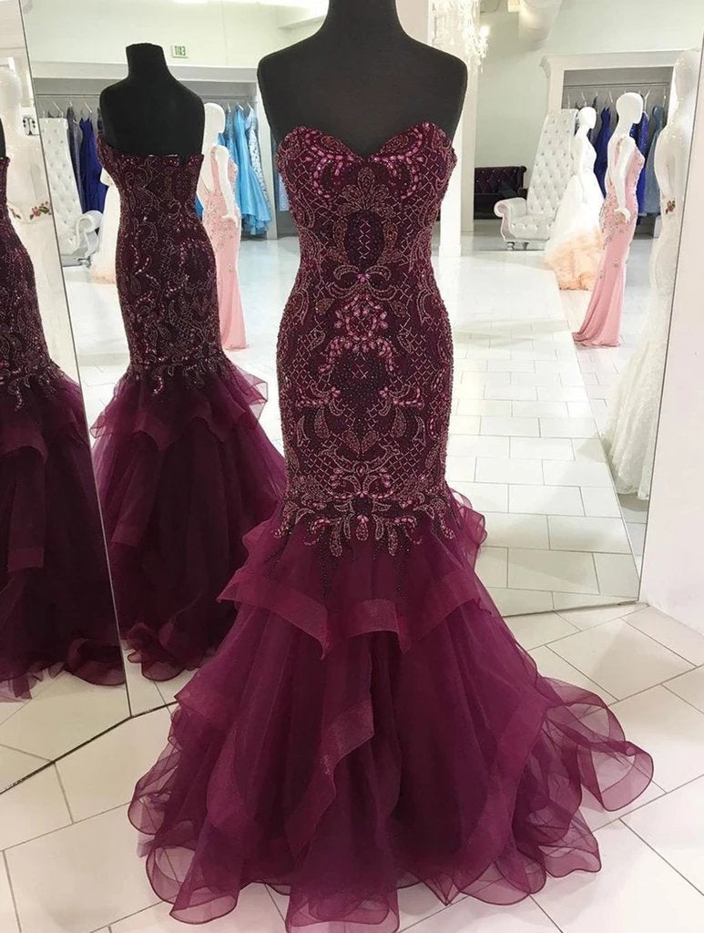 Strapless Sweetheart Long Tulle Mermaid Beads Prom Dresses, Maroon Formal Dresses SRS15433