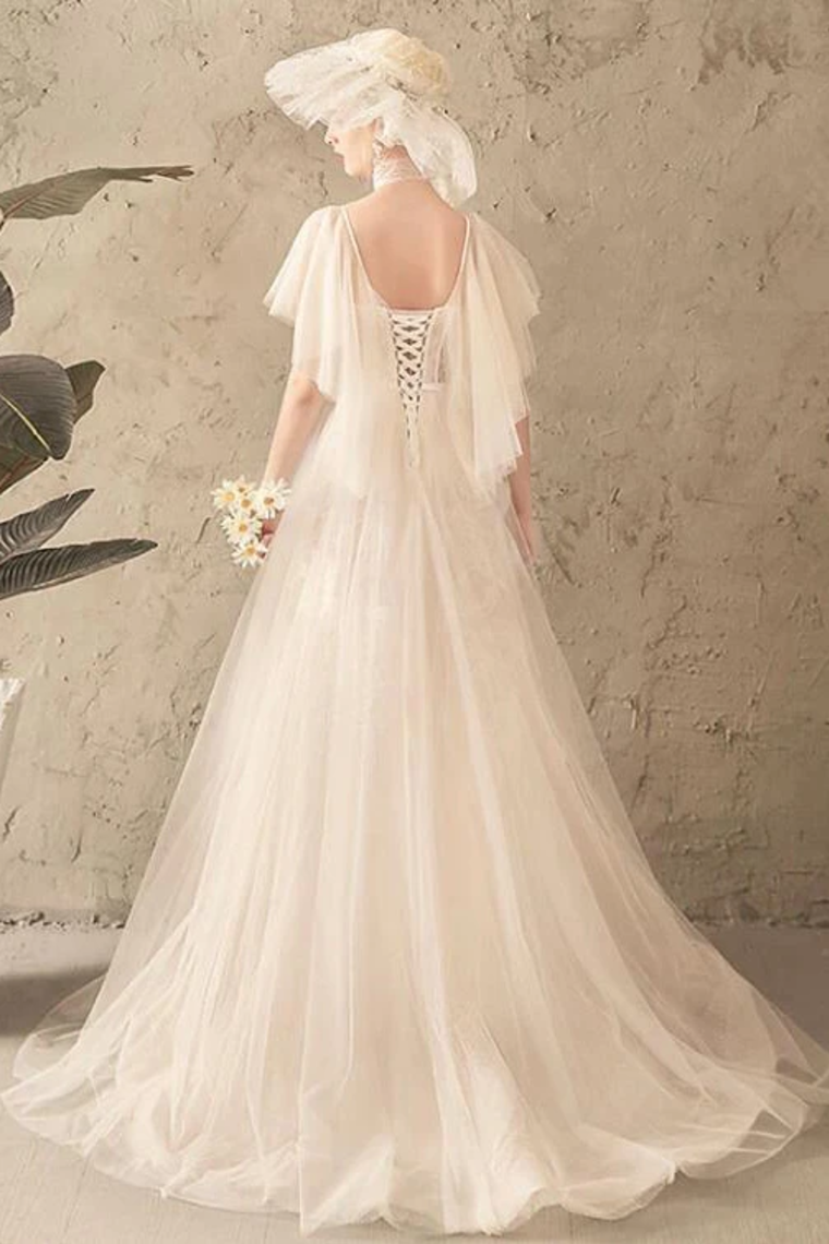 Unique Tulle Lace Long Wedding Dress Ivory Short Sleeves Lace Up Back Bridal SJSPK2YQ77B