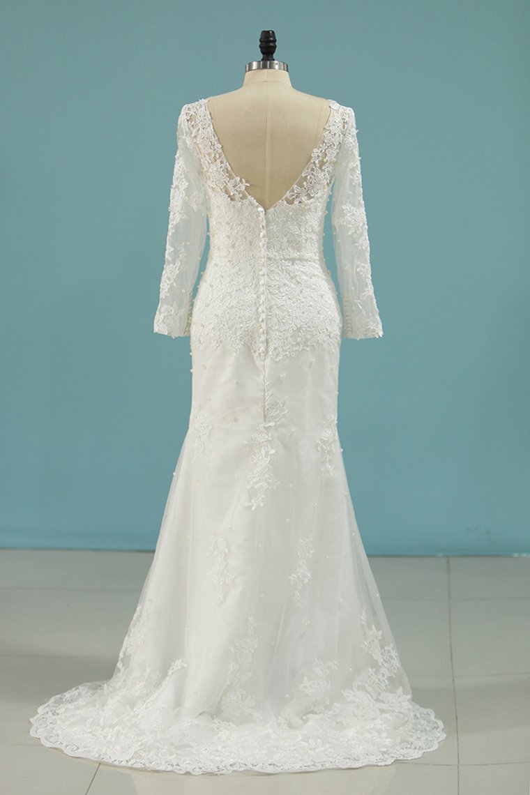 Wedding Dresses V Neck Sheath With Applique Long Sleeves Detachable Train