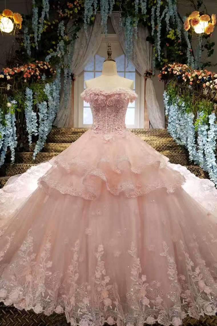 Tulle Awesome Pink Wedding Dresses Off The Shoulder Lace Up With Appliques And Crystals