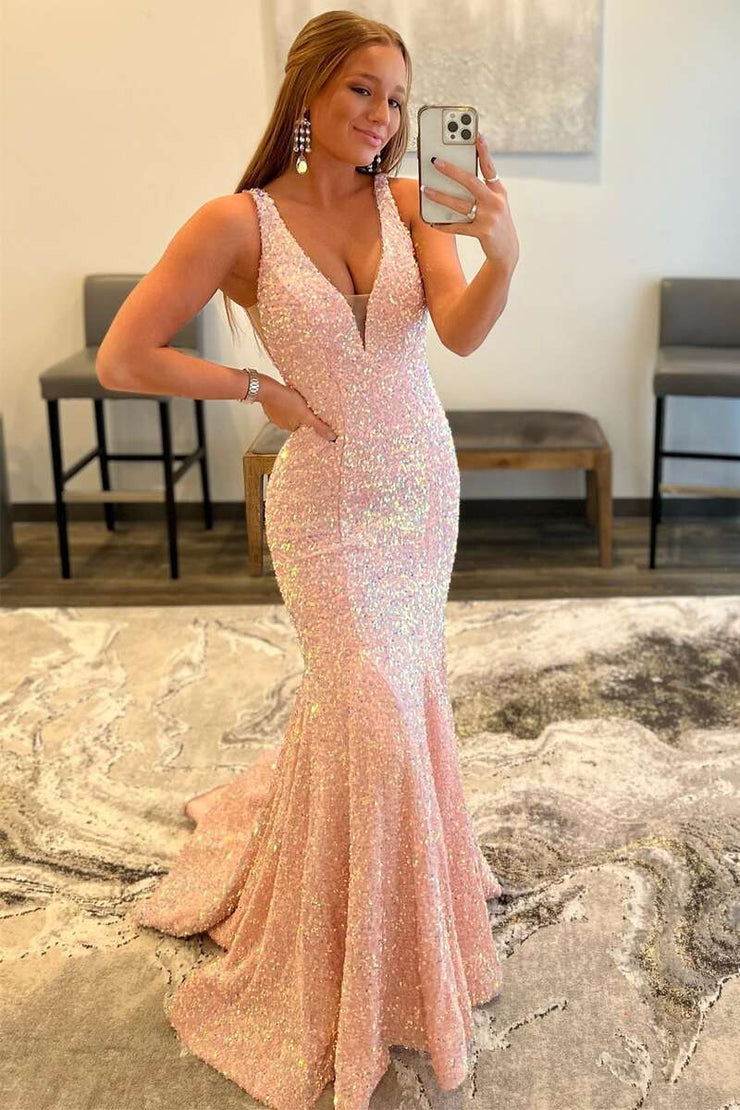 Charming Purple Deep V Neck Sequins Mermaid Long Prom Dresses