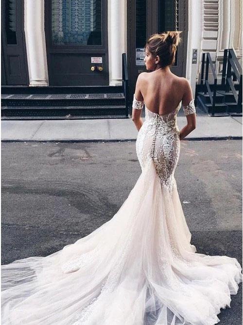 Charming Mermaid Sweetheart Backless Tulle Wedding Dresses with Lace Appliques SJS15111