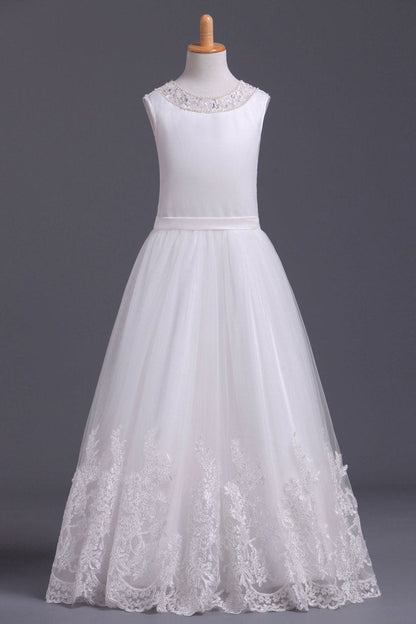 2024 Scoop Flower Girl Dresses A Line Tulle Ankle Length With Applique