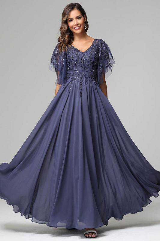 Elegant V-neck Short Sleeves Chiffon Appliqued Mother of the Bride Dresses