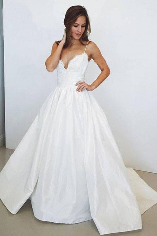 Charming A-Line Spaghetti Straps Ivory V-Neck Lace Sleeveless Wedding Dresses UK JS377