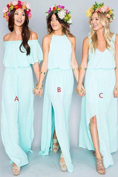 2024 Chiffon Cheap Long Pretty Young Mint Mismatched Side Split Bridesmaid Dresses