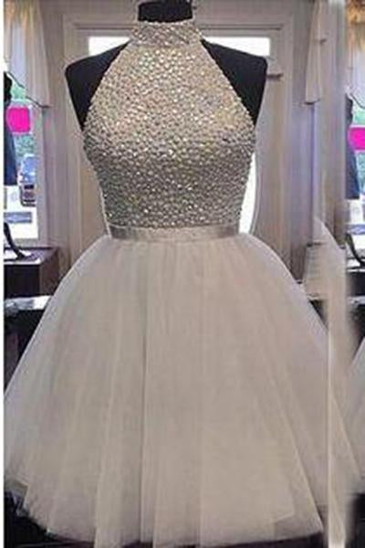 Chic Halter Sexy Open Back White Beading Sleeveless Short Tulle Homecoming Dress JS258