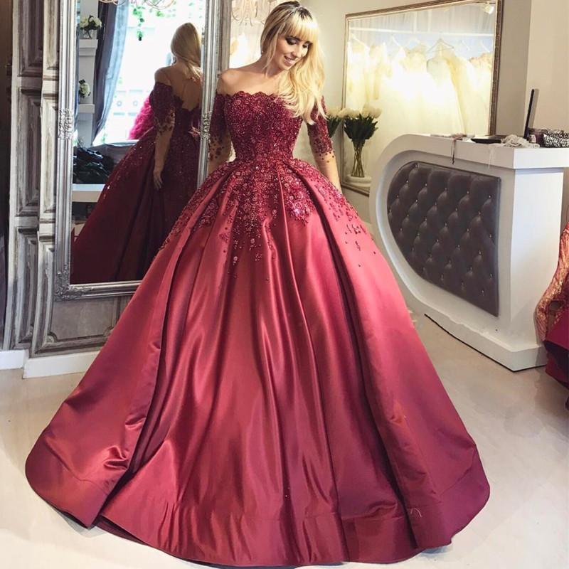 2024 Dark Red Lace Long Sleeve Prom Dress Off-the-Shoulder Ball Gown Quinceanera Dress JS392