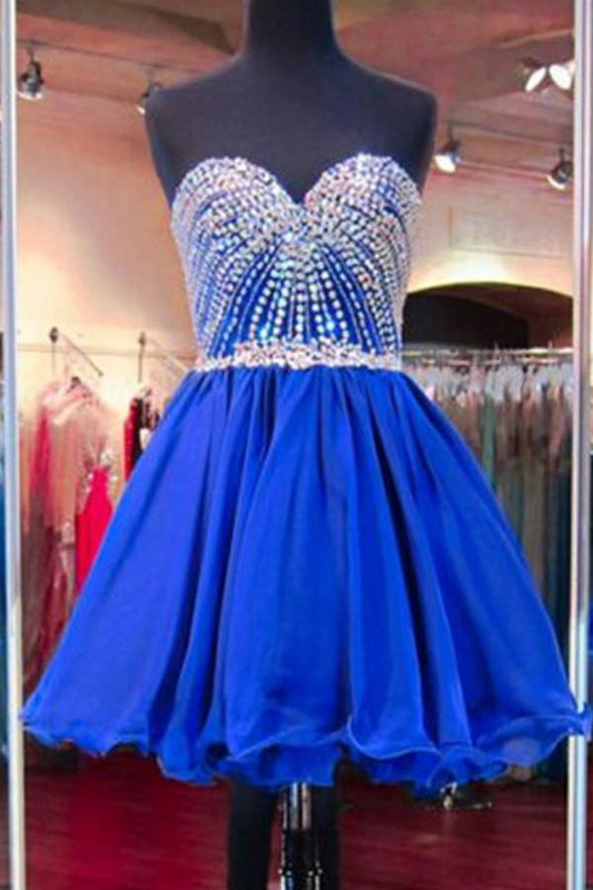 A-Line Royal Blue Shining Sweetheart Beading Short Mini Homecoming Dresses JS342