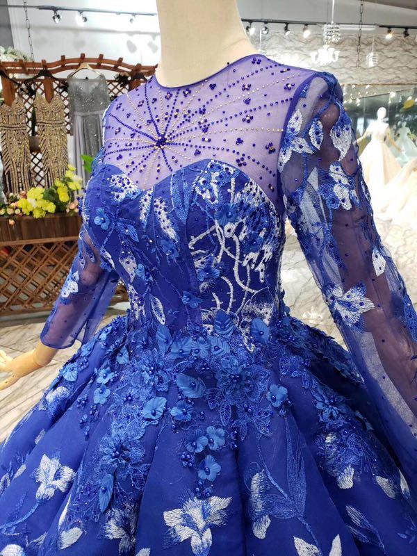 Ball Gown Blue Round Neck Prom Dresses with Beads Lace up Quinceanera Dresses JS784