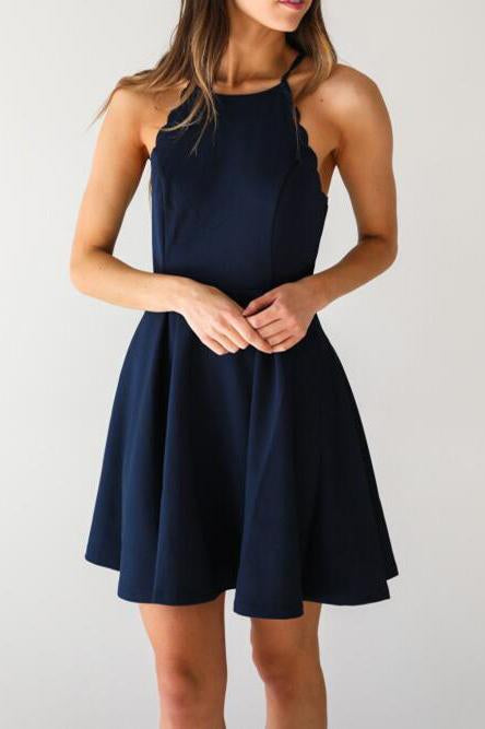 A Line Dark Navy Cute Halter High Neck Satin Short Homecoming Dress JS267