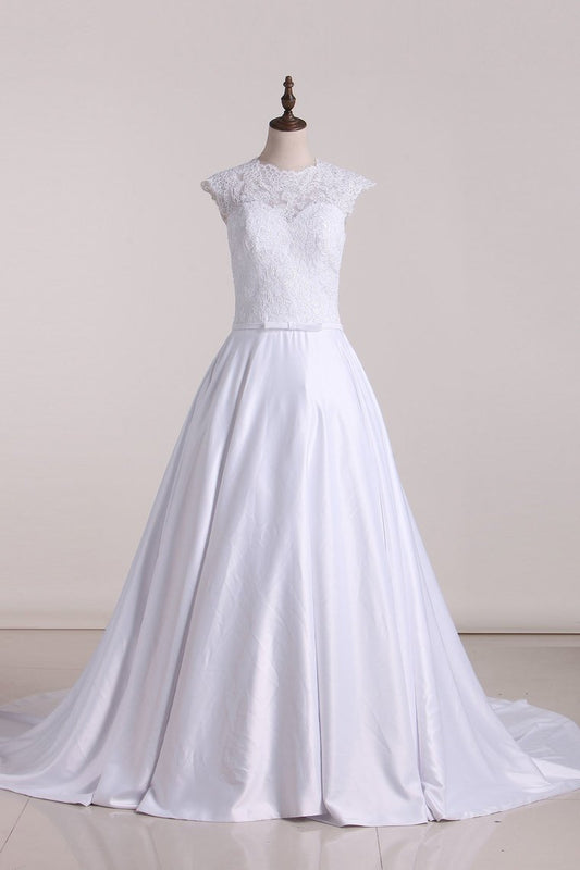 2024 Wedding Dresses Scoop With Applique And Sash A Line Stretch Satin