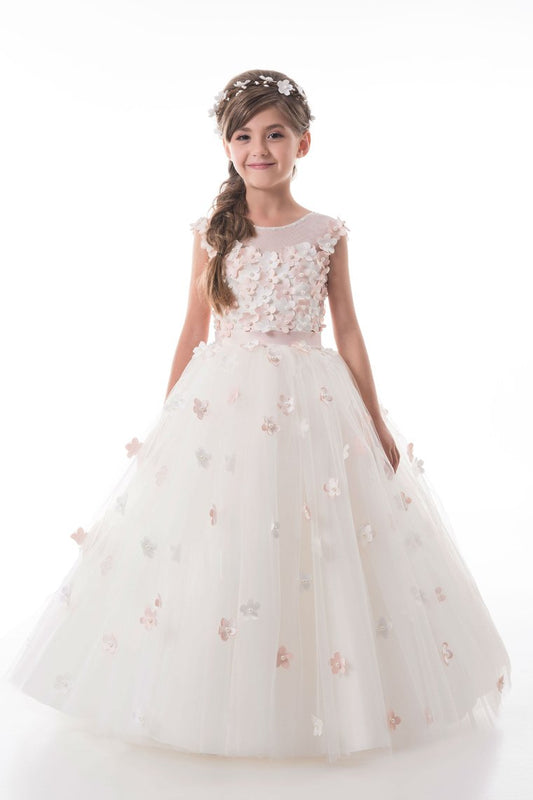 A Line Flower Girl Dresses Scoop Tulle With Handmade Flowers Lace Up