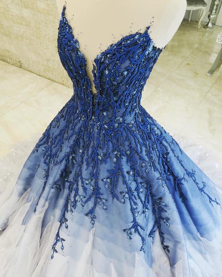 Ombre Ball Gown Royal Blue Prom Dresses With Appliques, Long V Neck Quinceanera Dresses SRS15275