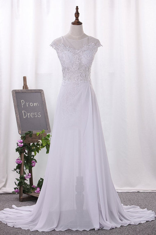 Wedding Dresses Scoop Cap Sleeves Chiffon With Applique Slit