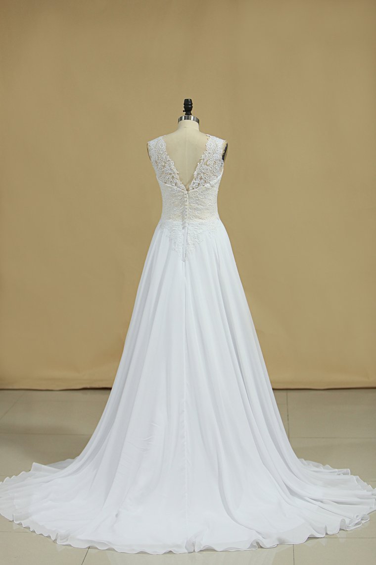 2024 Open Back Scoop Wedding Dresses 30D Chiffon With Applique A Line