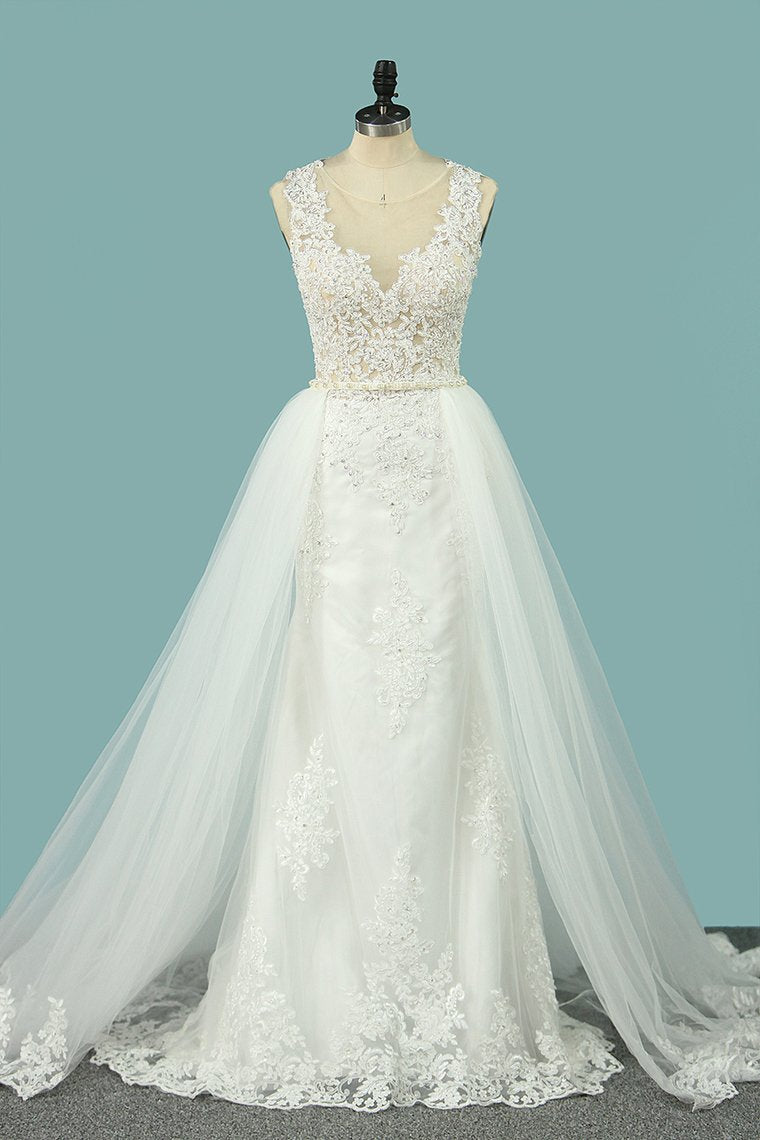 2024 Mermaid Wedding Dresses Scoop Tulle With Applique Court Train Detachable