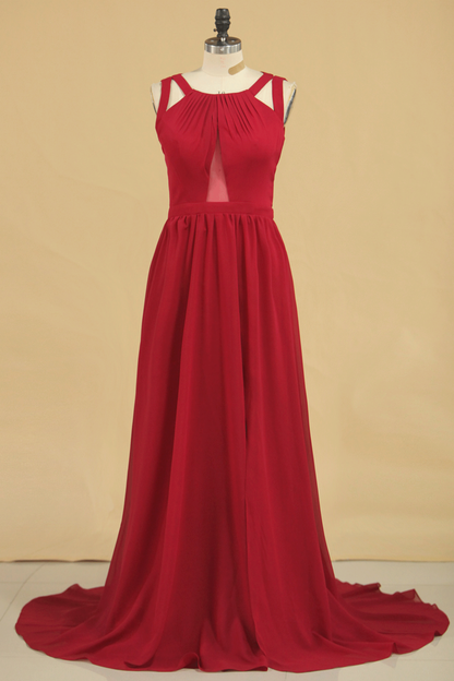 2024 A Line Scoop Chiffon Bridesmaid Dresses Burgundy/Maroon Sweep Train