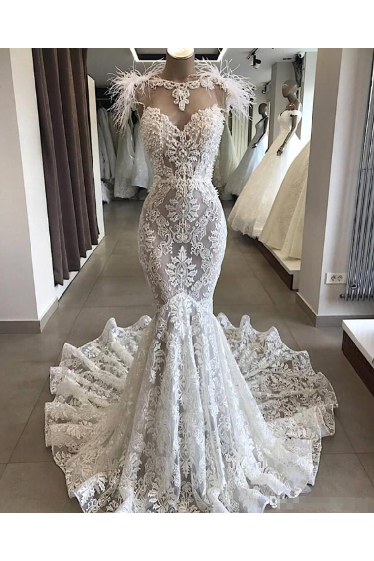 Luxury Lace Mermaid Wedding Dress With Train Sexy Open Back Pearls Wedding SRSPE5AS8YA