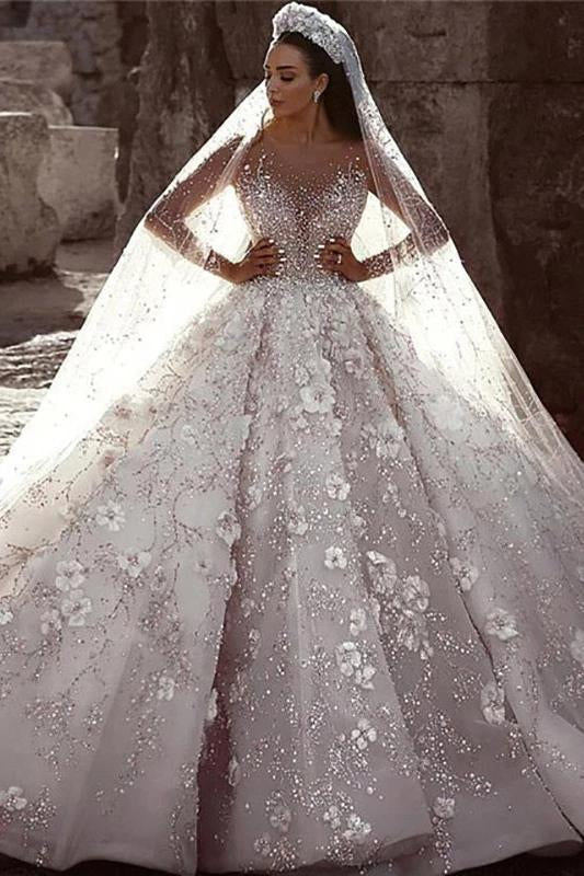 Stunning Long Sleeve Ball Gown 3D Flowers Wedding Dresses, Long Wedding Gowns SRS15435