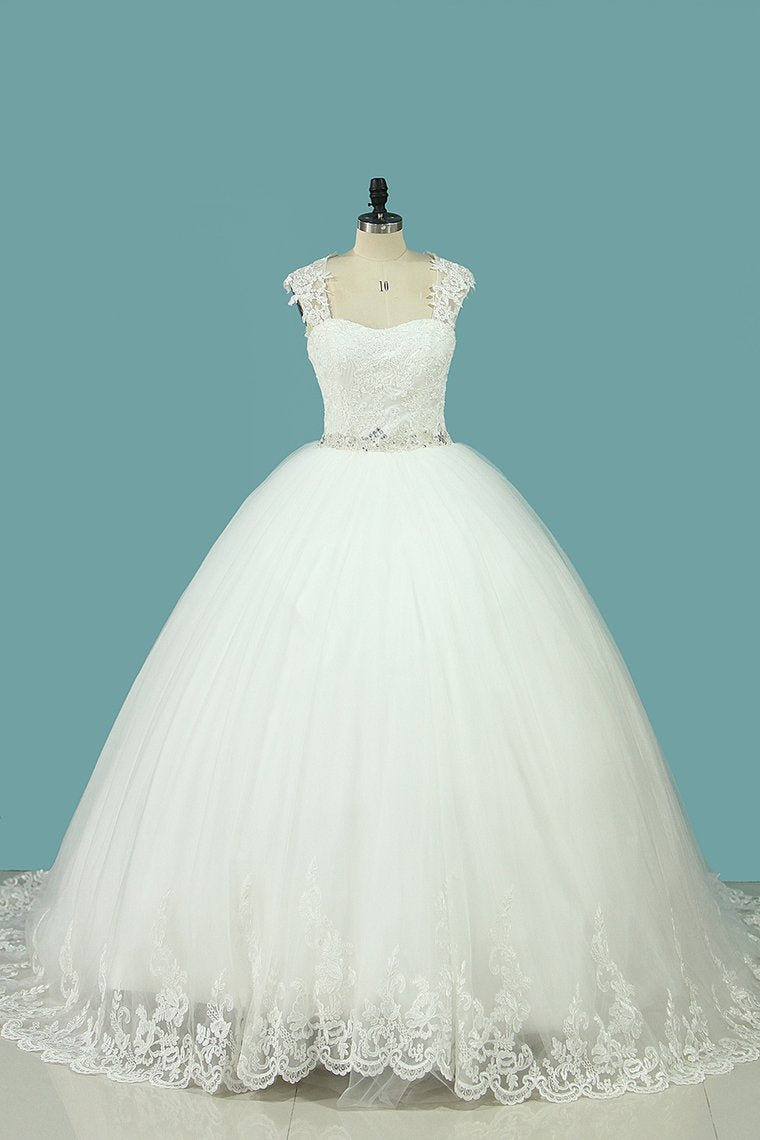 Straps Wedding Dresses Tulle With Applique And Beaded Waistline Open Back