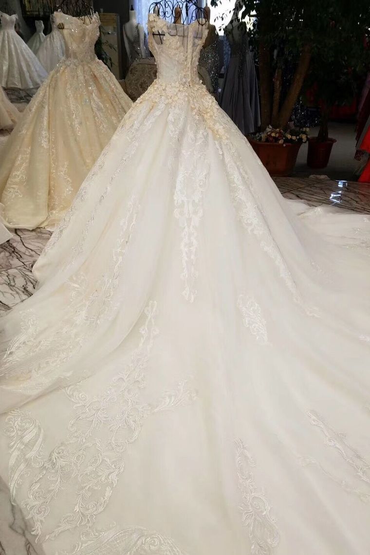 Champagne Wedding Gown Off The Shoulder Satin And Lace Royal Train