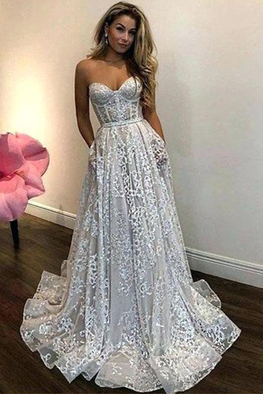 A Line Sweetheart Strapless Sweep Train Lace Pockets Wedding Dress with Sequins SJS15036