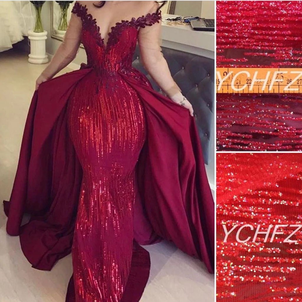 Mermaid Off the Shoulder Burgundy Long Sleeves V Neck Prom Dresses with Detachable Train SRS15263