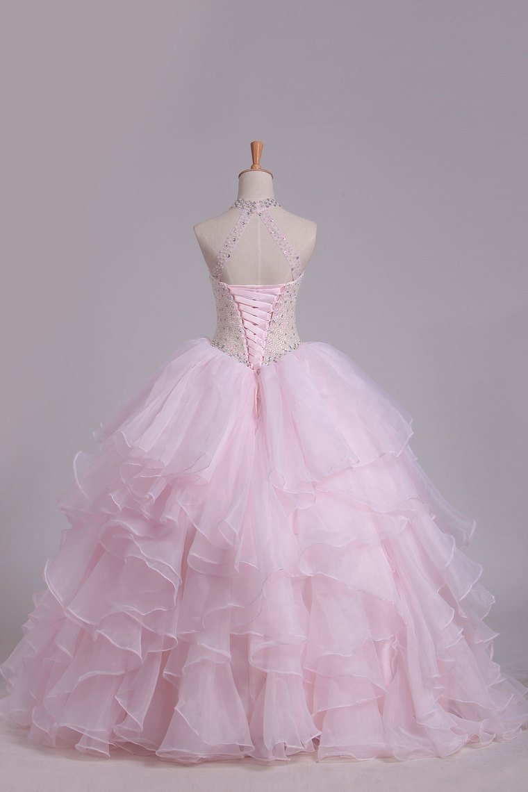 Halter Ball Gown Beaded Bodice Open Back Quinceanera Dresses Organza Floor Length