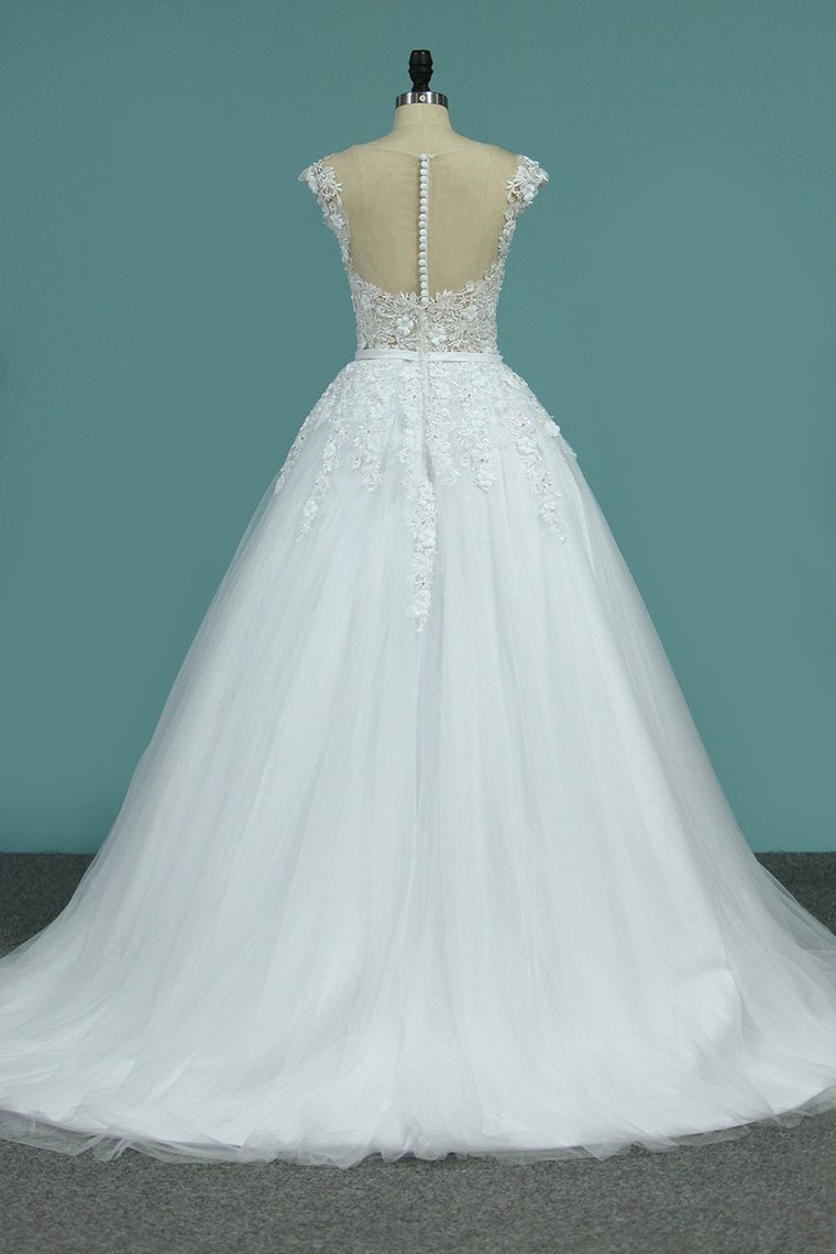 Wedding Dresses Scoop Tulle With Applique A Line Chapel Train