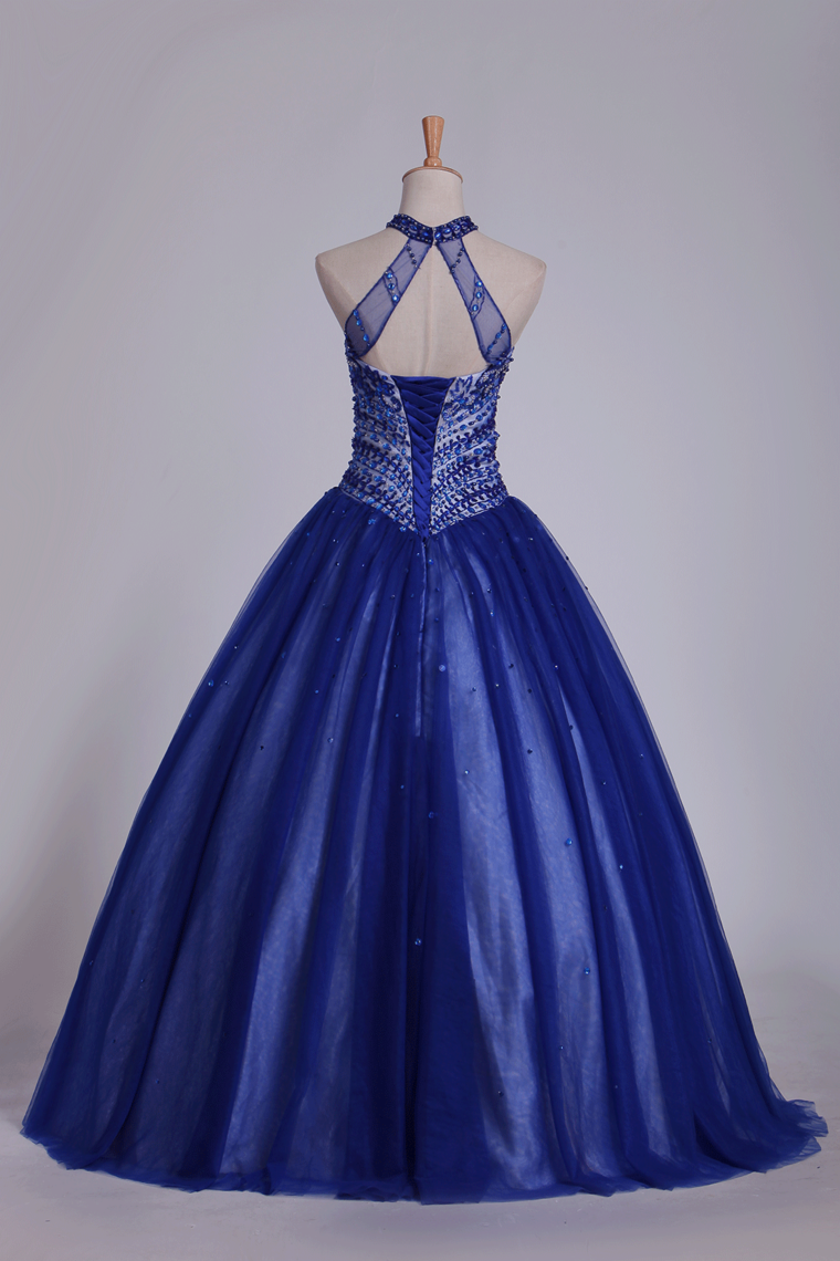 Dark Royal Blue Halter Quinceanera Dresses Ball Gown Tulle With Beads & Rhinestones