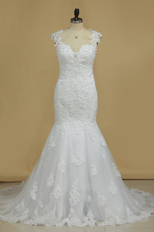 Straps Mermaid Wedding Dresses Tulle With Applique And Beads