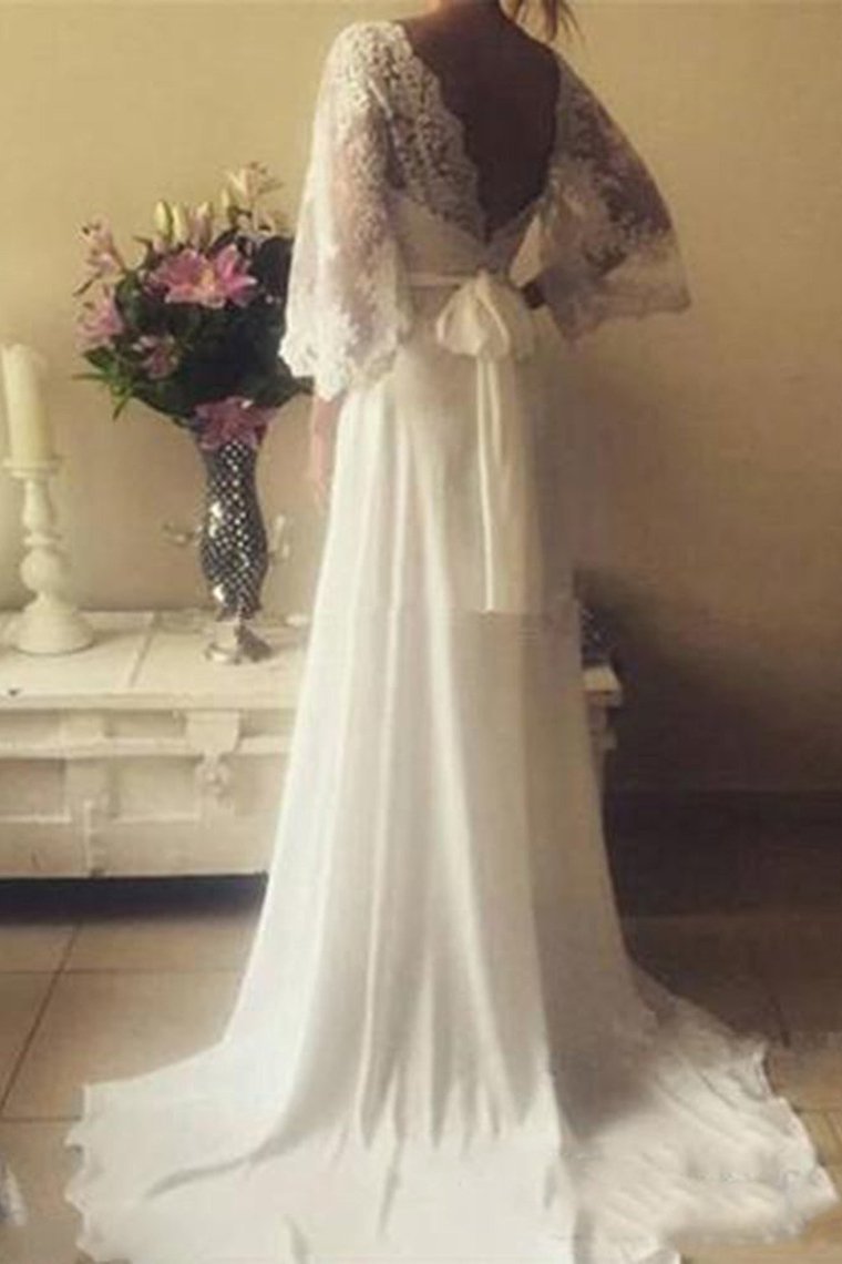 2024 Chiffon 3/4 Length Sleeves Wedding Dresses V Neck Open Back With Applique