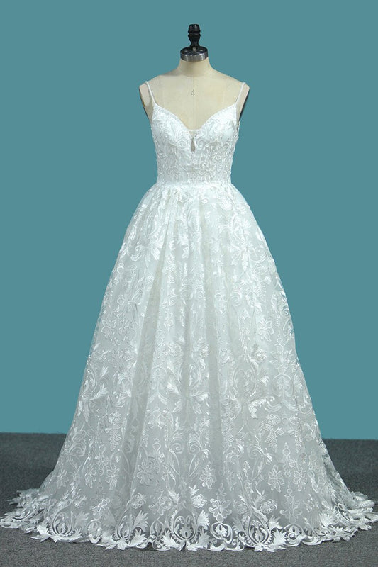 A Line Lace Wedding Dresses Spaghetti Straps With Beads Sweep Train