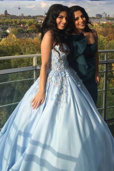 Princess Ball Gown Blue Appliques Strapless Quinceanera Dresses, Sweet 16 Dresses