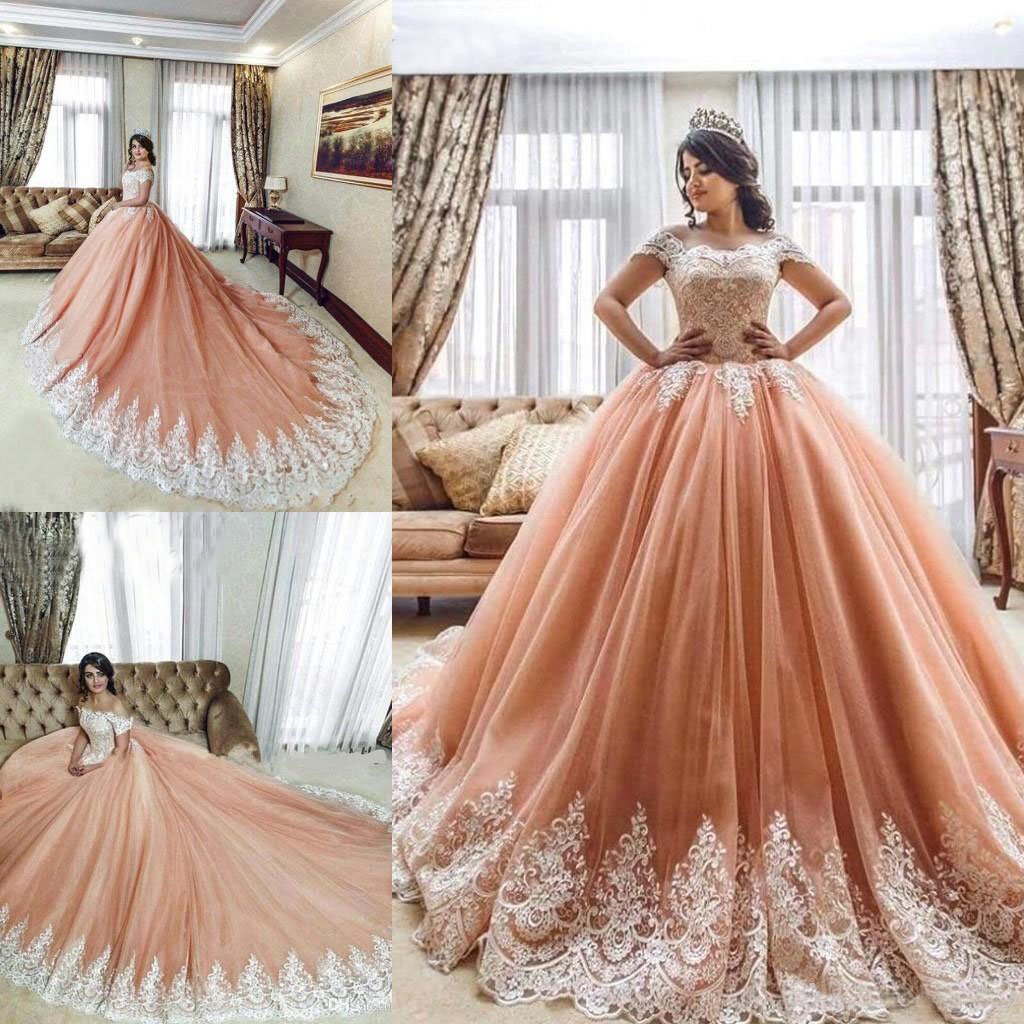 Off the Shoulder Ball Gowns Prom Dresses Lace Appliques Tulle Pink Quinceanera Dresses JS550