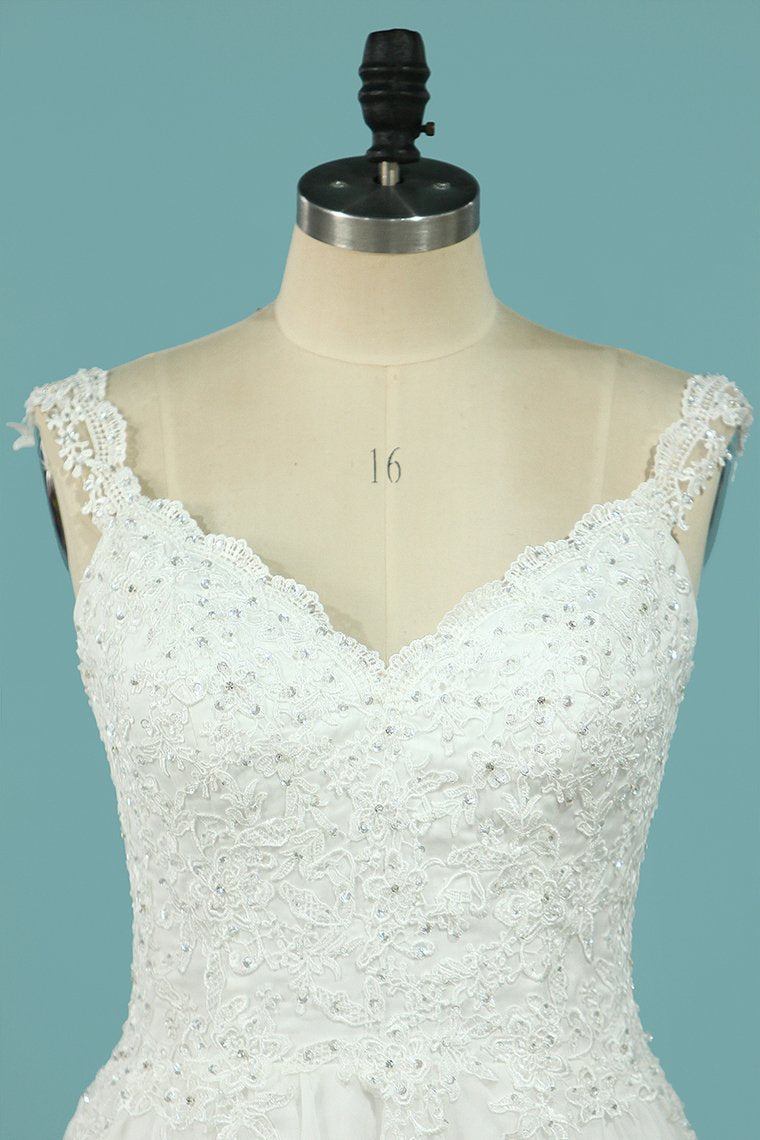 Straps 30D Chiffon Wedding Dresses A Line With Applique Sweep Train