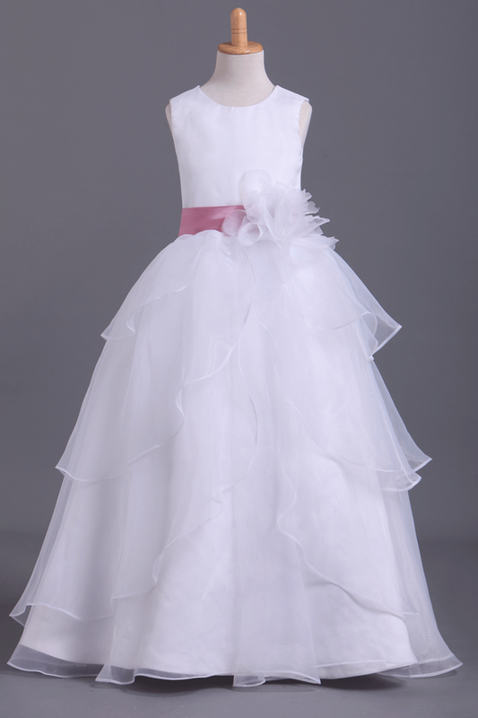 White Flower Girl Dresses Ball Gown Scoop Floor Length Organza