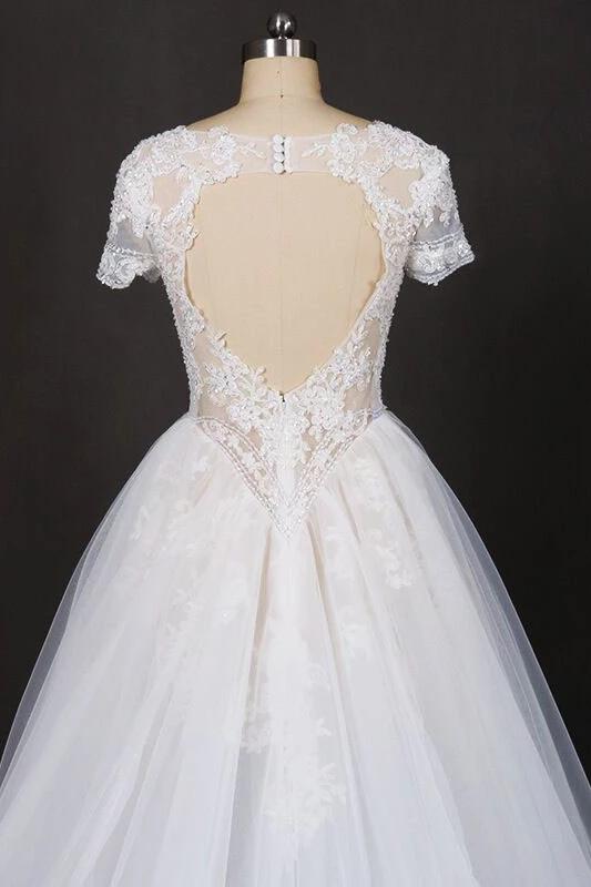 A-line Short Sleeves Beads V Neck Lace Applique Wedding Dresses, Bridal Dress SRS15051