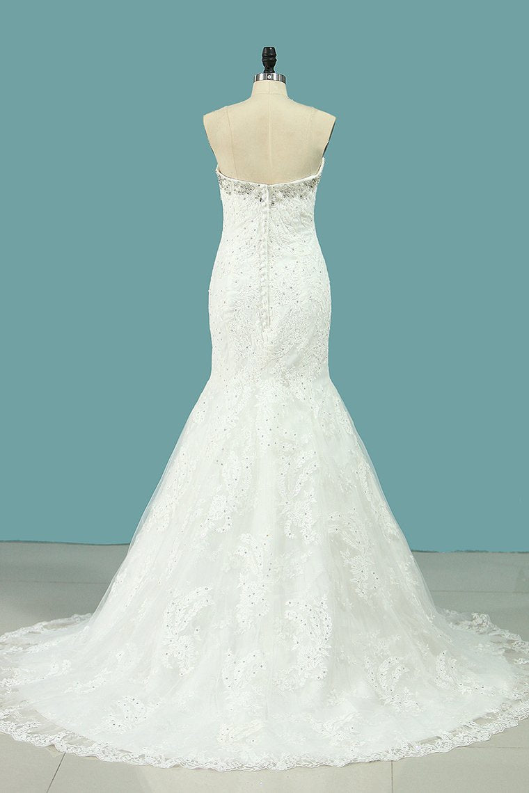 Wedding Dresses Mermaid Scalloped Neck Tulle With Applique And Beading Court Train