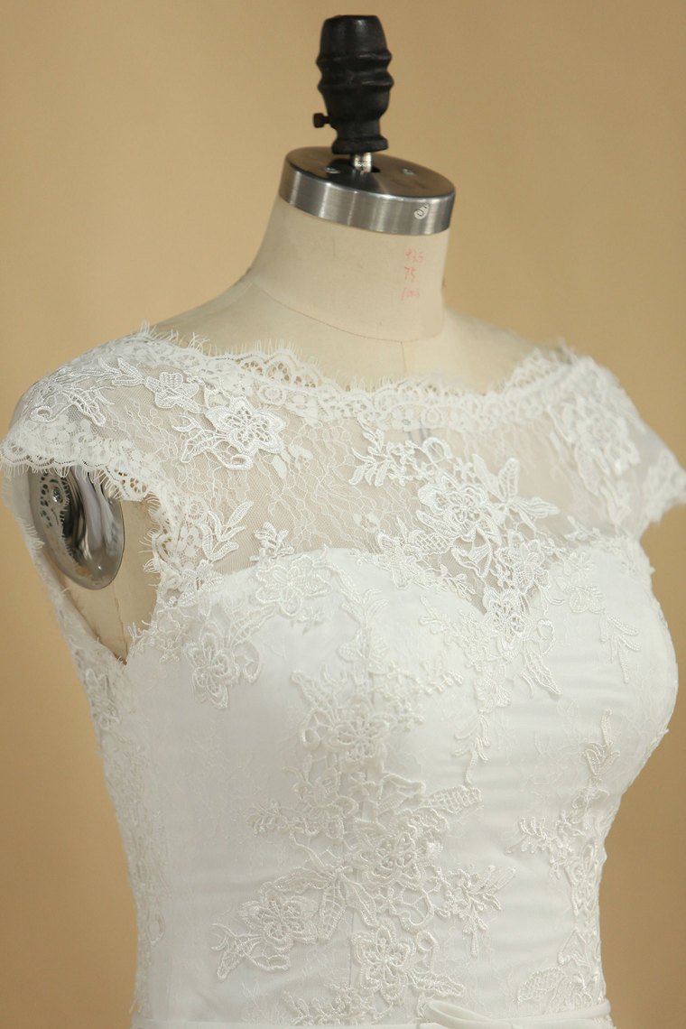 2024 Scoop A Line Wedding Dresses Lace With Applique And Sash