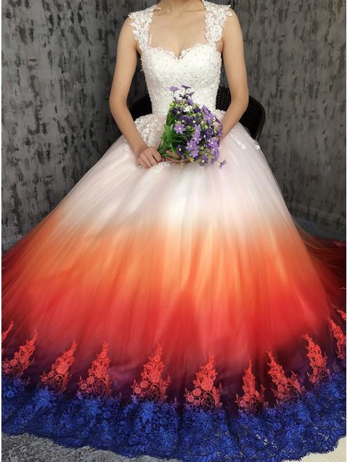 Princess Sweetheart Lace Appliques Ombre Tulle Long Prom Dresses Wedding Dresses SRS15309