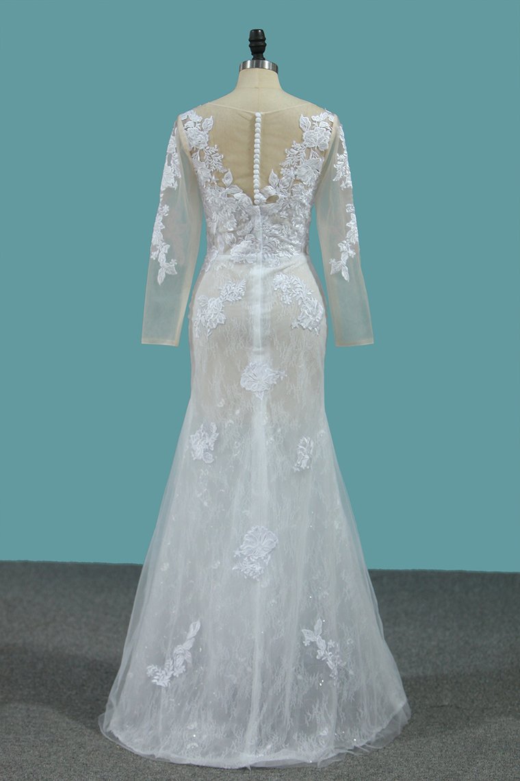 Scoop Long Sleeves Tulle & Lace Mermaid With Applique Chapel Train Detachable Wedding Dresses